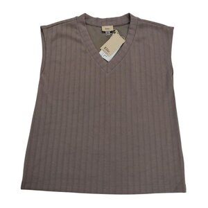 Elie Tahari Womens Sleeveless V-Neck Ribbed Knit Top M Taupe Polyester Blend.